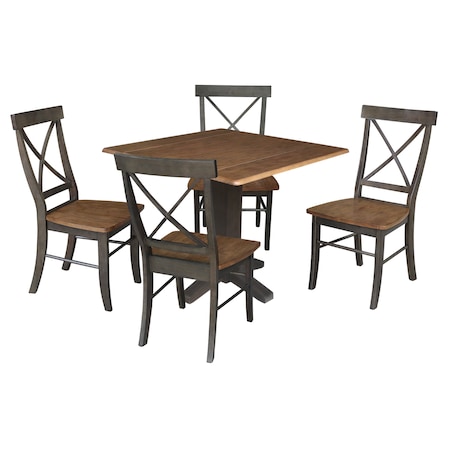 International Concepts 36 in. Solid Wood Square Dual Drop Leaf Dining Table with 4 Chairs in Hickory/Washed Coal K45-36SDP-C613-4